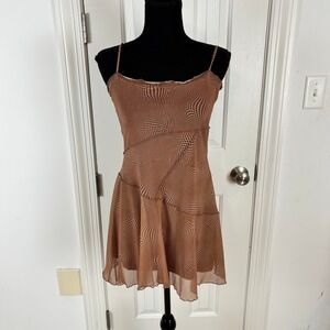 Urban Outfitters Brown Optical Illusion Mesh Mini Dress Houndstooth Size S Y2K